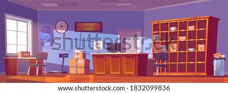 Post office, service for delivery and storage mail, parcels, orders and newspapers. Vector cartoon interior of postal with counter desk, cardboard boxes and letters on shelves, mailbox