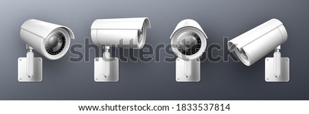 Security cam, cctv video camera, street observe surveillance equipment front and side angle view. Secure guard eye and crime prevention isolated on grey background Realistic 3d vector illustration set