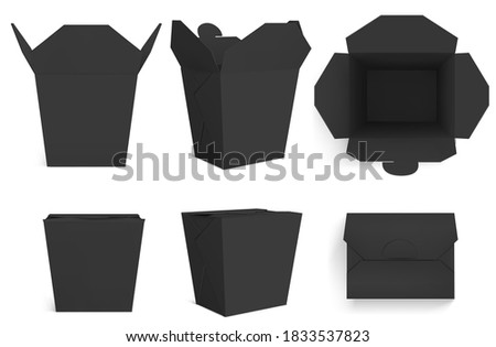 Empty black Wok box, paper packaging for chinese food, noodle or rice with chicken. Vector realistic mockup of closed and open takeaway boxes in front and top view isolated on white background