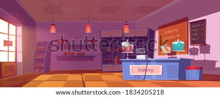 Bakery shop interior with cakes, bread and pastry on showcase and shelves. Vector cartoon illustration of bakery store with cashbox and sweet pies on counter at morning