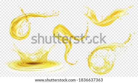 Orange, lemon juice or oil splashes, liquid yellow drink streams with drops. Fruit beverage elements for advertising or package design. Fresh splashing and flowing jets, drips realistic 3d vector set
