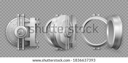 Bank safe vault door opening motion sequence animation. Metal steel round gate close, slightly ajar and open, isolated mechanism with welds and rivets. Gold and money storage, Realistic 3d vector set