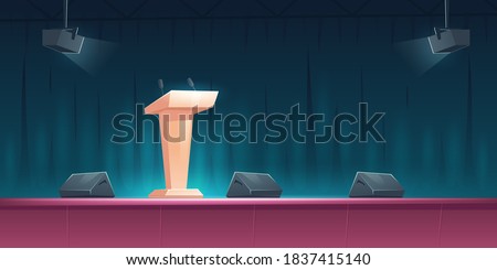 Podium, tribune with microphones on stage for speaker on conference, lecture or debate. Vector cartoon illustration of empty scene for presentation and public event with pulpit and spotlights