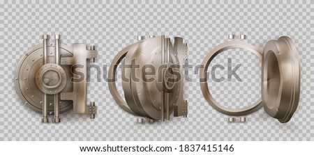 Old round safe door, metal bank vault gate isolated on transparent background. Vector realistic set of closed and open crumpled steel circle door with lock. Rusty iron bunker gates