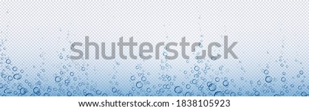 Soda bubbles, water or oxygen air fizz, carbonated drink, underwater abstract background. Dynamic motion, transparent aqua with randomly moving fizzing moisture drops, realistic 3d vector illustration