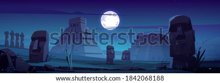 Moai statues and pyramids at night, republic of Chile travel famous landmark stone heads on under full moon on Easter Island or Rapa Nui, South America archaeology monument cartoon vector illustration