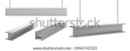 Steel beams, straight metal industrial girder pieces hanging on chains for construction and building works crane lifting iron balks isolated on white background, realistic 3d vector illustration, set