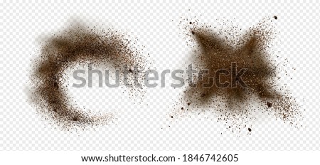 Explosion of coffee beans and powder. Vector realistic illustration of shredded roasted ground coffee and arabica grain pieces with splash of brown dust isolated on transparent background
