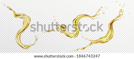 Oil, orange or lemon juice splashes, liquid yellow drink streams with drops. Fruit beverage elements for advertising or package design. Fresh splashing and flowing jets, drips realistic 3d vector set