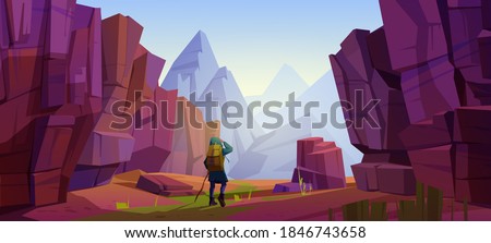 Traveler at mountains, travel journey, adventure. Tourist with backpack and map stand at rocky landscape look into the distance on high peak. Extreme hiking lifestyle, Cartoon vector illustration