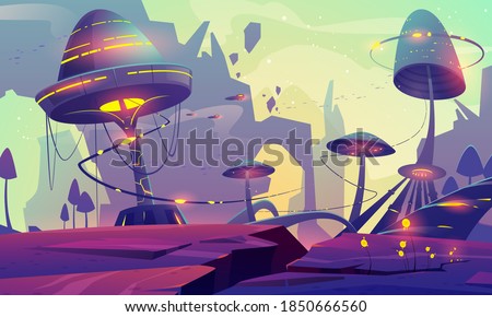 Alien planet landscape with fantasy mushrooms trees or buildings and rocks. Magical unusual nature for computer game, fairy tale background with beautiful strange plants, Cartoon vector illustration