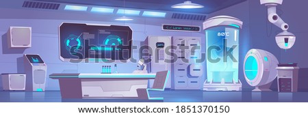 Cryonics laboratory empty interior with equipment and technics, cryo camera with low temperature regime, digital screen with graphs, desk with microscope and glass flasks, Cartoon vector illustration
