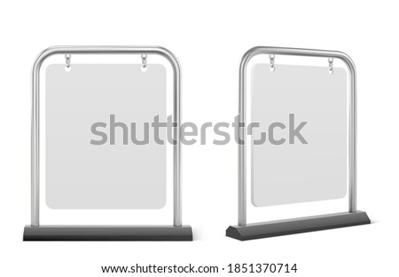 Pavement sign, white sidewalk advertising board isolated on white background. Vector realistic mockup of blank banner hanging on metal frame, outdoor signboard stand for menu, ad or announcement
