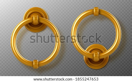 Realistic gold door knocker handles, golden ring knobs, shiny vintage metal doorknob, element for interior or exterior design isolated on transparent background, 3d vector illustration, icon, clipart