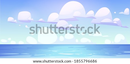 Sea landscape with calm water surface and clouds in blue sky. Vector cartoon illustration of ocean bay, harbor or lake. Summer scenery with tropical seascape and marine horizon