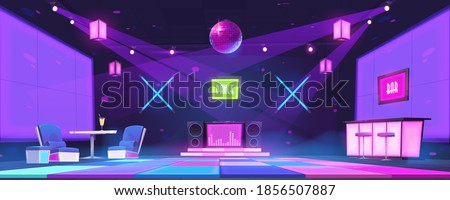 Nightclub with bar counter, tables, dj console and dance floor illuminated by disco ball and spotlights. Vector cartoon interior of night party in dance club with glowing scene and neon lamps