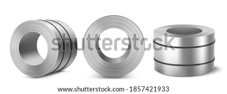 Steel sheet roll, stainless construction tape coil isolated on white background. Metallurgy industry production. Vector realistic set of metal, aluminium or tin sheet roll in front, top and angle view