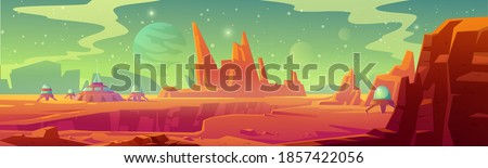 Landscape of Mars surface with colony base. Vector cartoon futuristic illustration of alien red planet surface with dome building, mountains, moon and stars in sky. Galaxy exploration and colonization