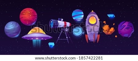 Space exploring icons, planets, rocket or shuttle, telescope, alien ufo with asteroid in dark starry sky. Fantasy computer game graphic design elements, cosmic objects, Cartoon vector illustration set