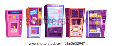 Vending machines with snacks, pop corn, coffee and cold drinks packages isolated on white background. Vendor service, automatic retail products business concept. Cartoon vector illustration, icons set