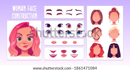 Woman face constructor, avatar of caucasian female character creation heads, hairstyle, nose, eyes with eyebrows and lips. Facial construction elements isolated on white background, cartoon vector set