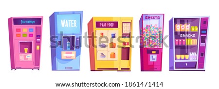 Vending machines with snacks, fast food, water, ice cream and sweets. Vector cartoon set of automatic vendor machines for sale food, candies and drinks isolated on white background