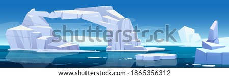 Arctic landscape with melting iceberg and glaciers floating in sea. Concept of global warning and climate change. Vector cartoon illustration of polar or antarctic ice in blue ocean water