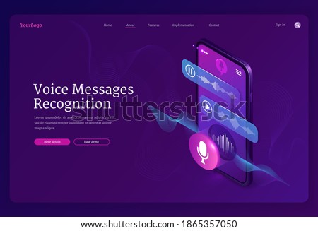 Voice messages recognition banner. Mobile application for recording sound, dictate messages and speech. Vector landing page with isometric illustration of smartphone with voice chat and microphone