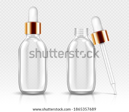 Realistic glass bottles with dropper for serum or oil. Cosmetic flask or vials for organic aroma essence, anti-aging essential collagen for beauty care, isolated transparent flacon 3d vector mock up