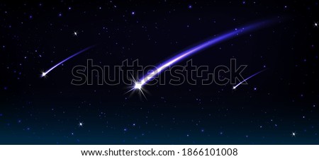 Falling comets, asteroids or meteors with blue flame trail in cosmos. Vector realistic illustration of black sky with stars, flying glowing meteorites from space and fireballs flash