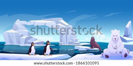 Wild animals sitting on ice floes in sea, white bear holding fish, penguins and seal. Antarctica or North Pole inhabitants in outdoor area, ocean. Beasts in nature fauna, Cartoon vector illustration