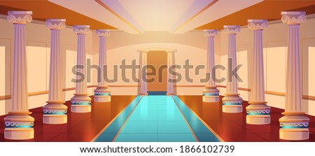 Greek temple, roman architecture, castle corridor with columns and arch entrance. Palace hall with pillars, ancient building design, empty ball room or theater interior. Cartoon vector illustration