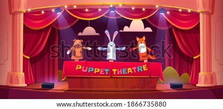 Puppet show on theater stage with red curtains and spotlights. Vector cartoon illustration of theatre for kids with marionettes. Wooden scene with animal toys on hands