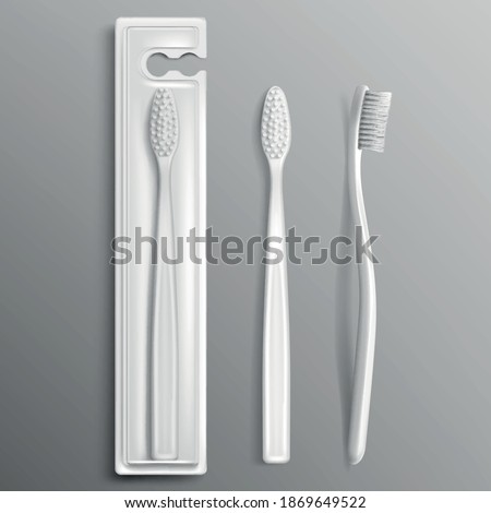 Toothbrush package mockup, dental care and oral hygiene stomatological products, toiletries packing white templates, tooth brush isolated on grey background. Realistic 3d vector illustration, mock up