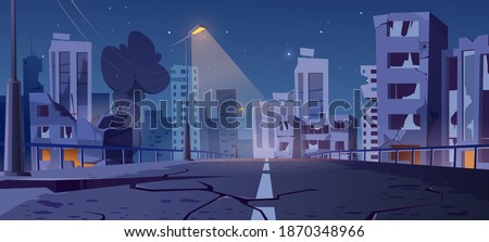 Night city destroy in war zone, abandoned buildings and bridge with smoke and creepy glow. Destruction, natural disaster or cataclysm, post-apocalyptic broken ruined road, cartoon vector illustration