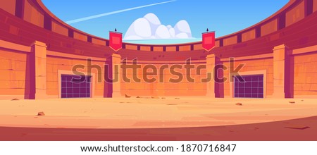 Ancient roman arena for gladiators fight. Vector cartoon illustration of empty Coliseum amphitheater for battle between warriors, barbarian and spartans. Historical fighting arena for traditional show