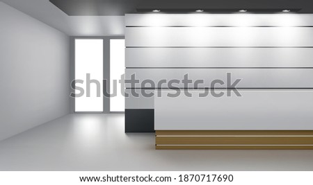 Reception interior, cozy foyer with modern desk, lamp illumination on ceiling and glass door. Empty hall or lobby area with soft light, contemporary decor rendering, Realistic 3d vector illustration