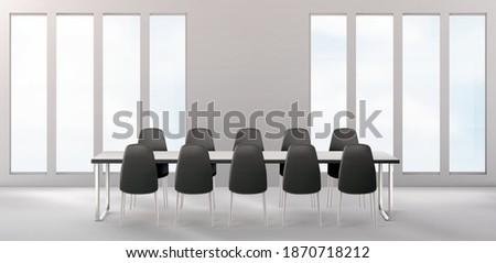 Boardroom with furniture, empty conference room with long desk and chairs around for business meetings, training and presentation, company office interior with windows and table 3d vector illustration