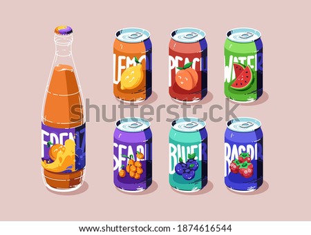 Aluminium cans with different fruit juice or lemonade. Glass bottle with fresh orange beverage. Vector flat illustration of metal tin cans with drinks from blueberry, lemon, watermelon and raspberry Foto d'archivio © 