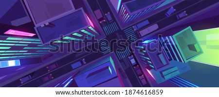 City top view with buildings, cars on road and pedestrian crosswalk at night. Vector cartoon cityscape in aerial view, street crossroad, sidewalk and roofs of urban houses with glow windows