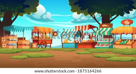 Food market stalls with fruits, vegetables, cheese, meat and fish on counter and in crates. Vector cartoon landscape with traditional marketplace tents with farm produce, wooden kiosks with canopy