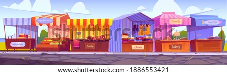 Outdoor market stalls, fair booths, wooden kiosks with striped awning, clothes and food products. Wood vendor counters with sunshade for street trading, city retail places, cartoon vector illustration