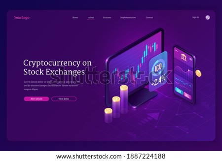Cryptocurrency exchange market isometric landing page. digital money mining, computer and smartphone screen with trading chart. Blockchain technology business solution 3d vector ultraviolet web banner