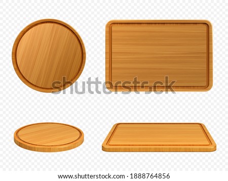 Wooden pizza and cutting boards top or front view. Trays of round and rectangular shapes, natural, eco-friendly kitchen utensils made of wood isolated on white background, realistic 3d vector set