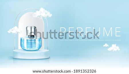 Perfume spray bottle on podium with clouds in sky mock up banner. Glass flask mockup on blue heaven background. Scent fragrance cosmetic product promotion advertising, Realistic 3d vector illustration