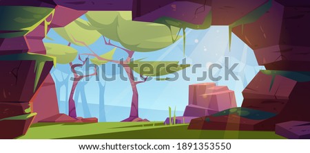 Jungle cave entrance, hole in rock with green trees, grass, moss and blue sky view. Grotto, hidden underground tunnel or cavern, summer nature landscape, hollow background Cartoon vector illustration