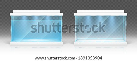 Glass aquarium with water and empty terrarium with white lids and lighting isolated on transparent background. Vector realistic mockup of clear rectangular tank for fish, aquatic pet and other animals