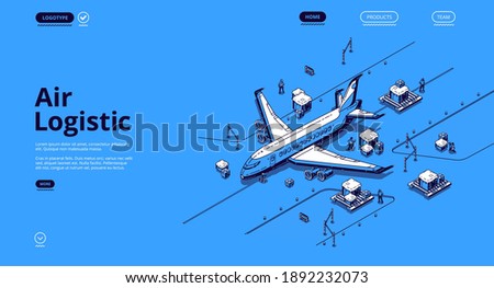 Air logistics isometric landing page. Airplane transport global delivery company service, cargo import export by plane, aircraft goods world transportation business, 3d vector line art web banner