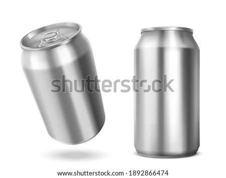 Tin can with open key front and angle view. Blank cylinder metal jar with pull ring on lid, silver colored aluminium canister for cold drink isolated on white background, Realistic 3d vector mockup