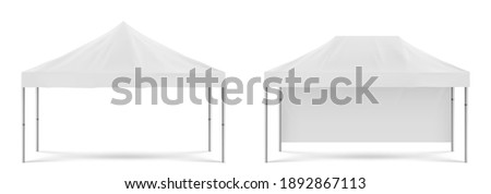 White folding promotion tent, outdoor mobile marquee for party on beach or in garden, marketing exhibition or trade. Vector realistic mockup of blank festival awning isolated on white background